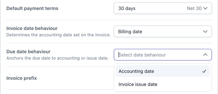 Due date behavior setting on the invoices settings page