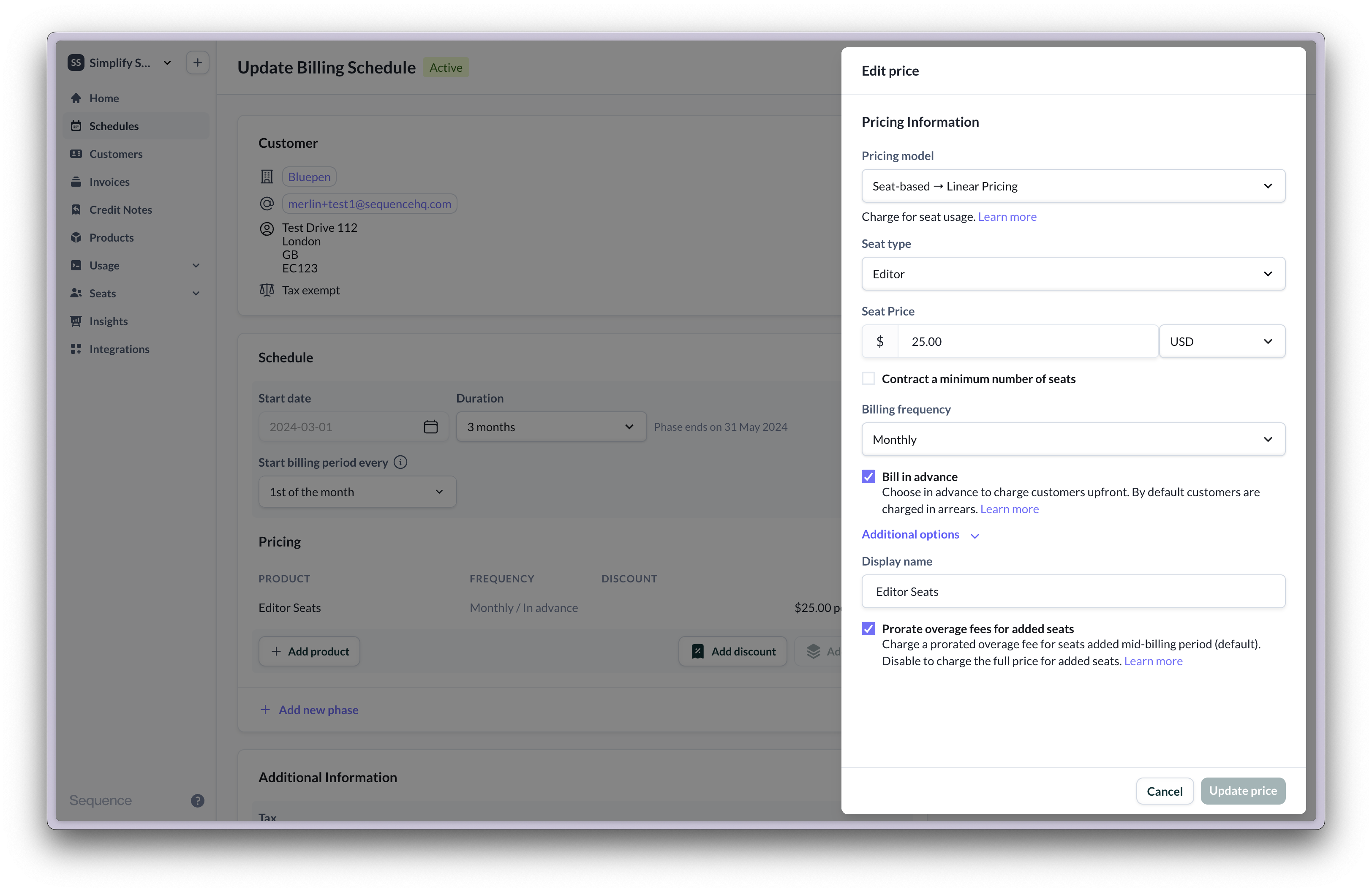 Monthly in advance seat-based billing with overages