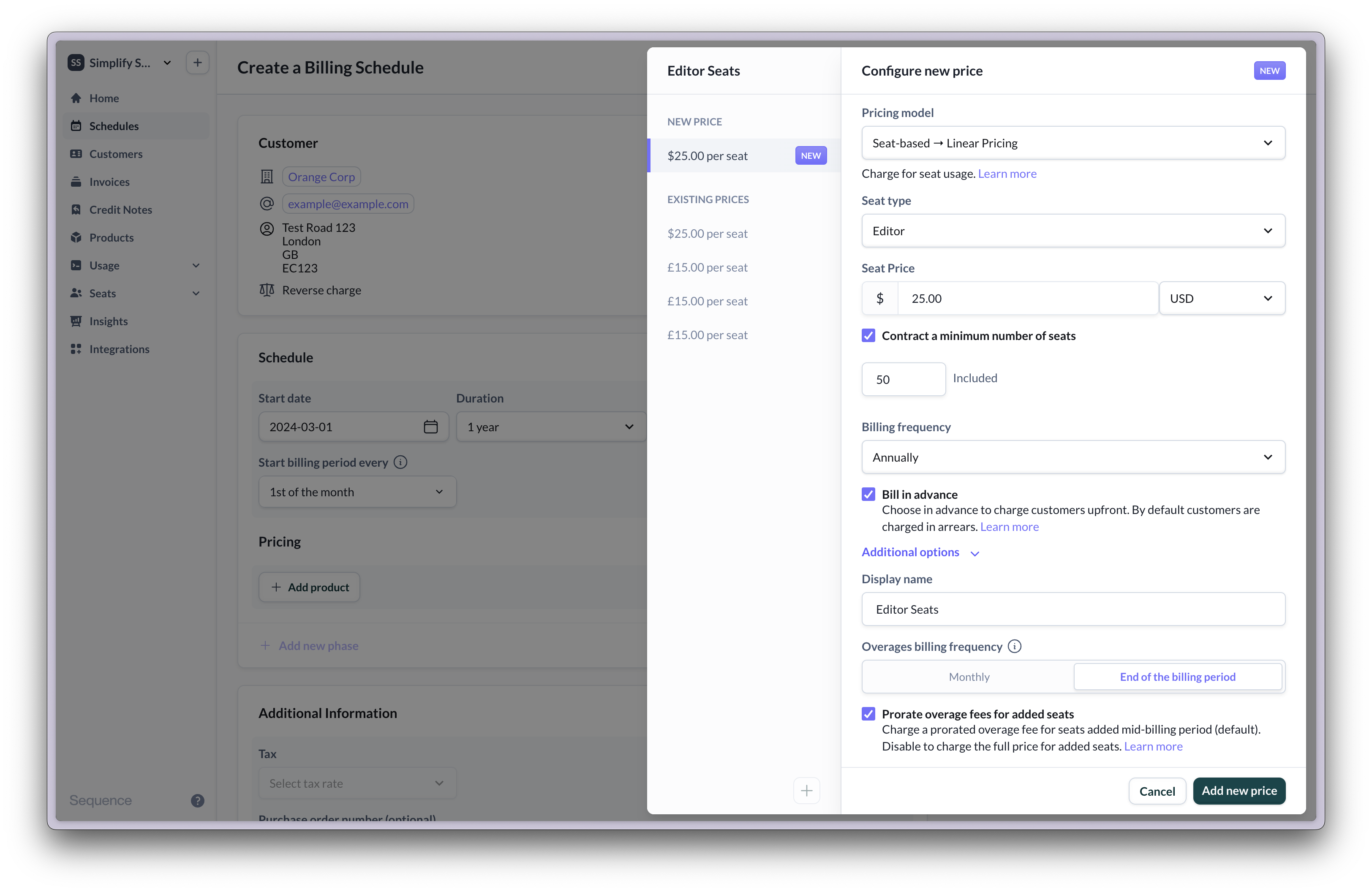 Monthly in advance seat-based billing with overages