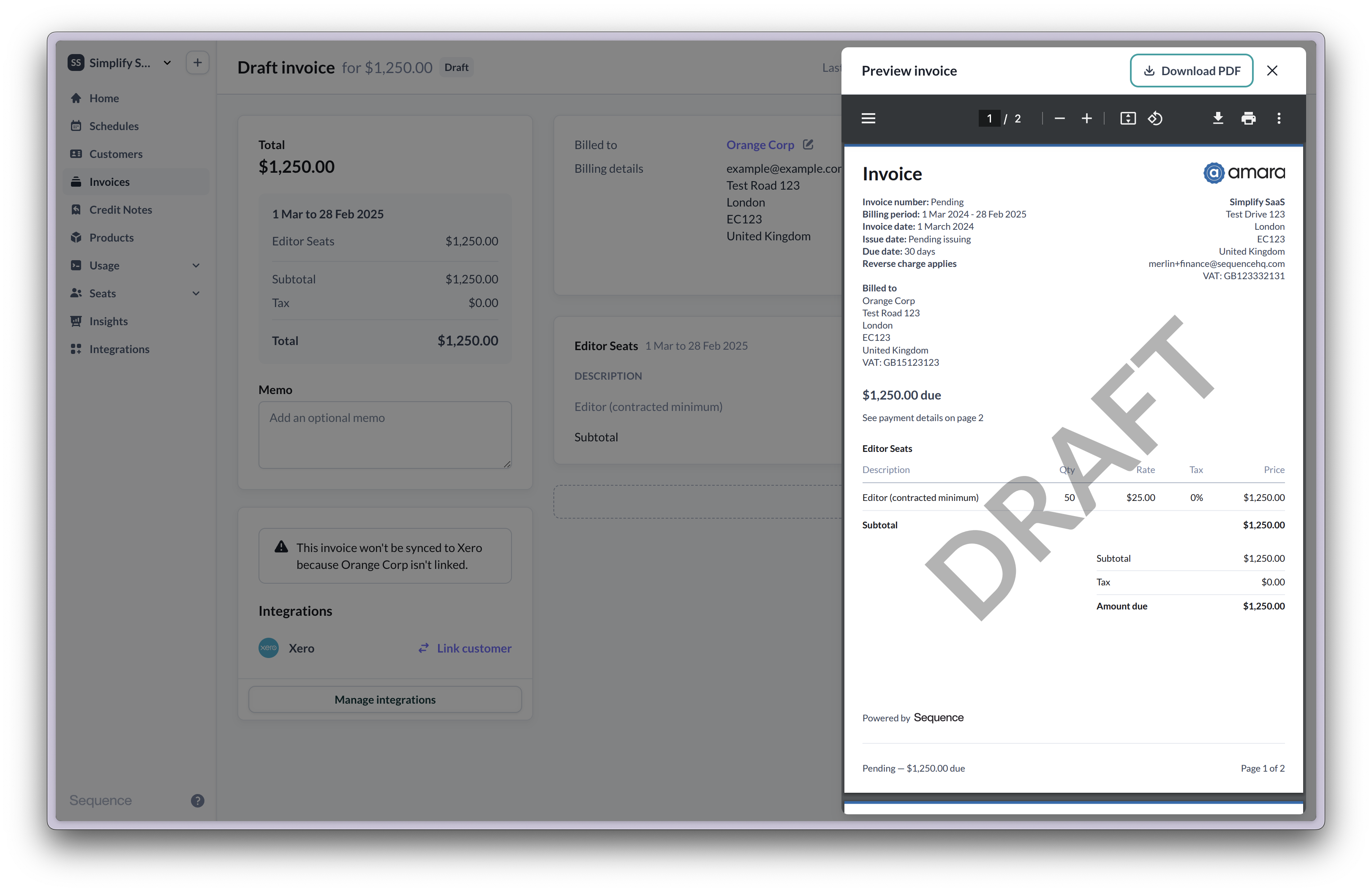 Monthly in advance seat-based billing with overages