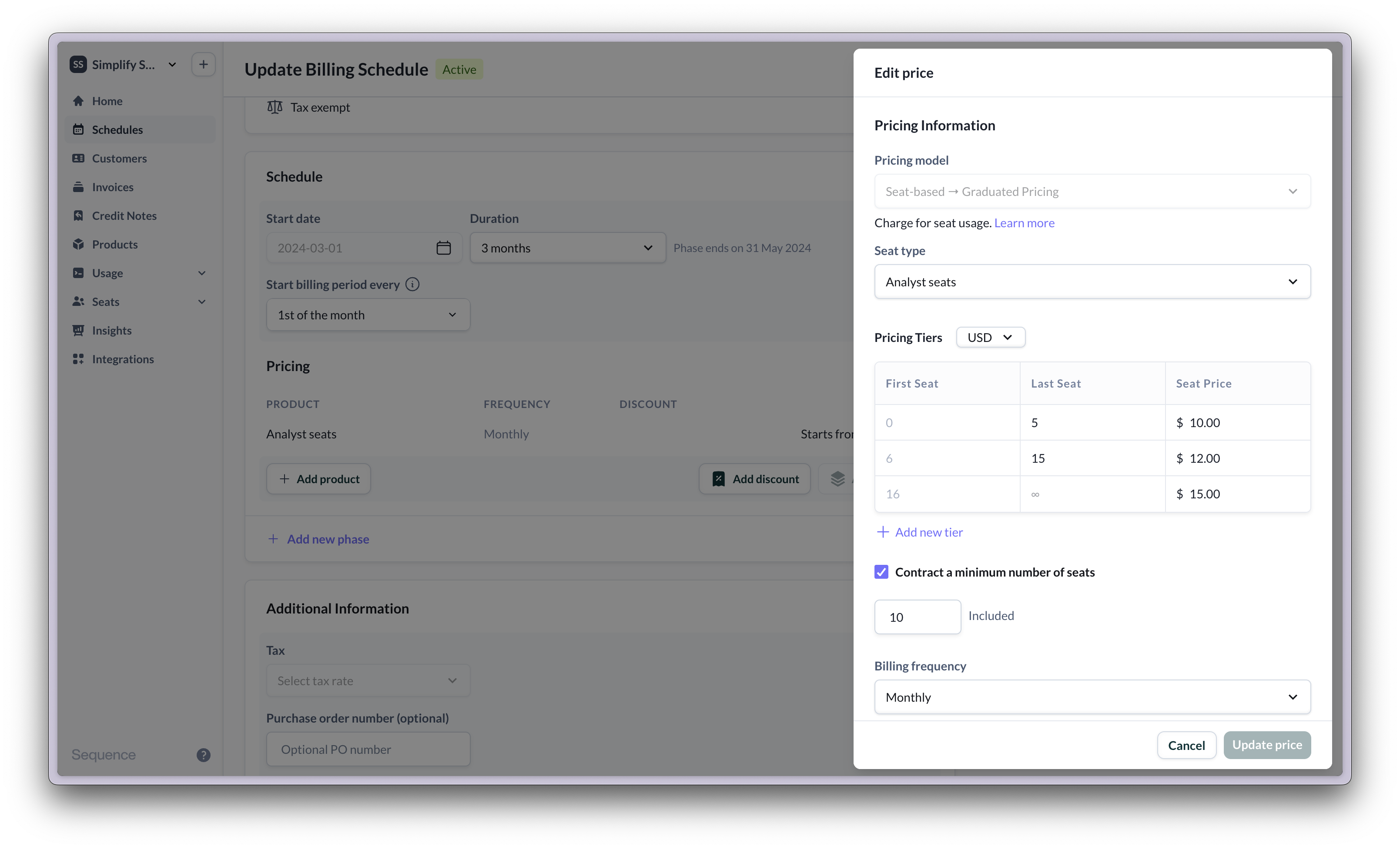 Monthly in advance seat-based billing with overages