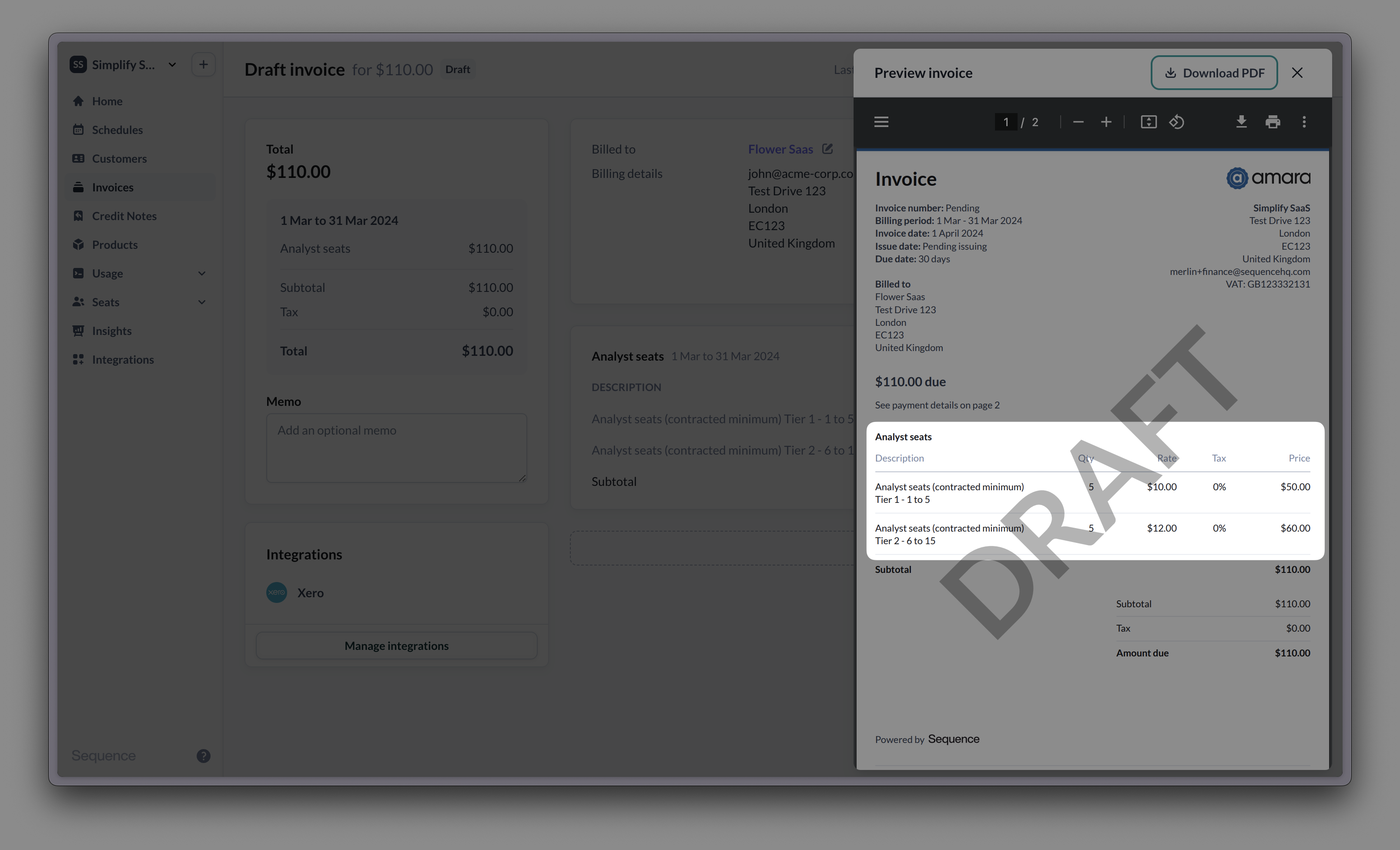 Monthly in advance seat-based billing with overages