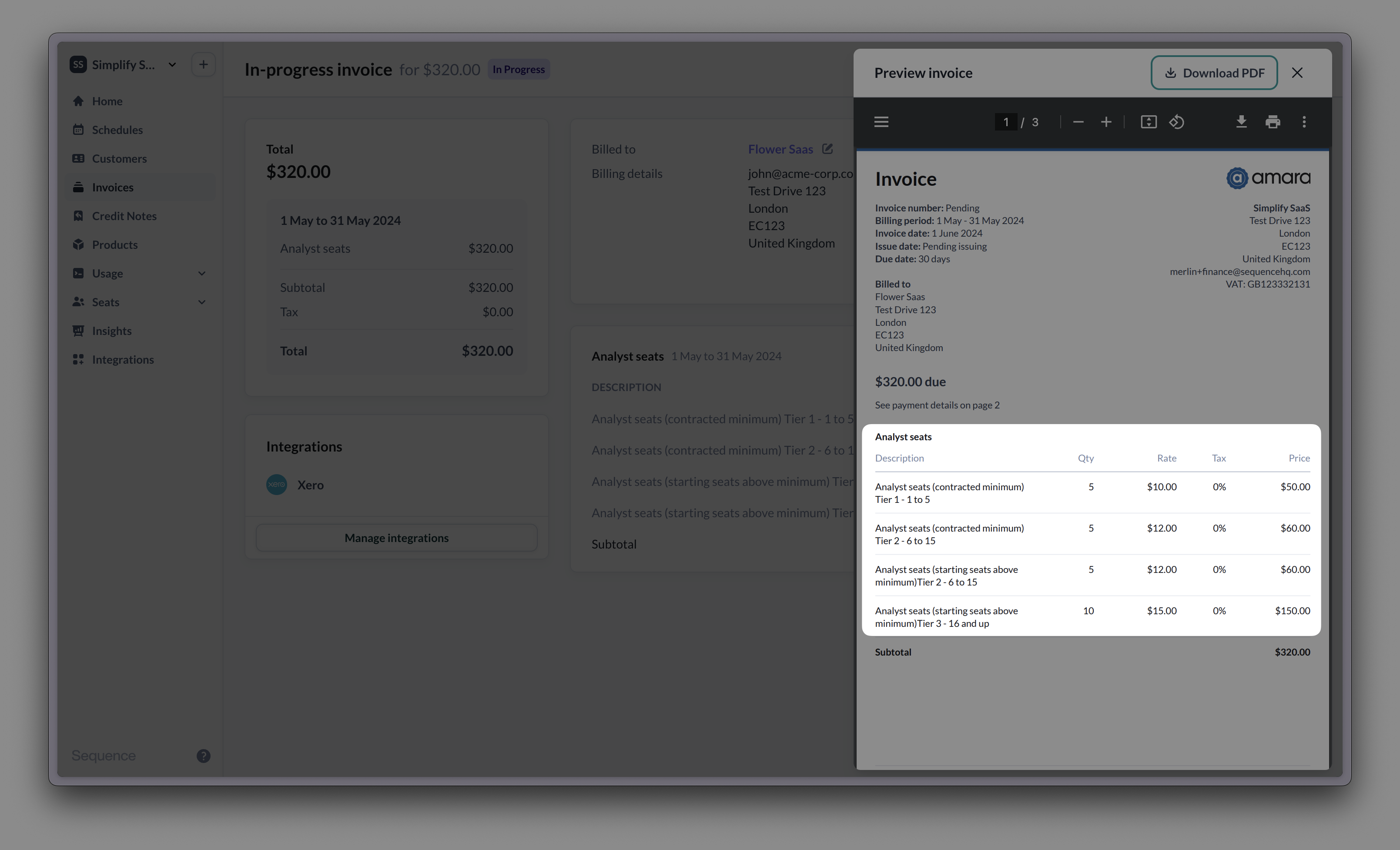 Monthly in advance seat-based billing with overages