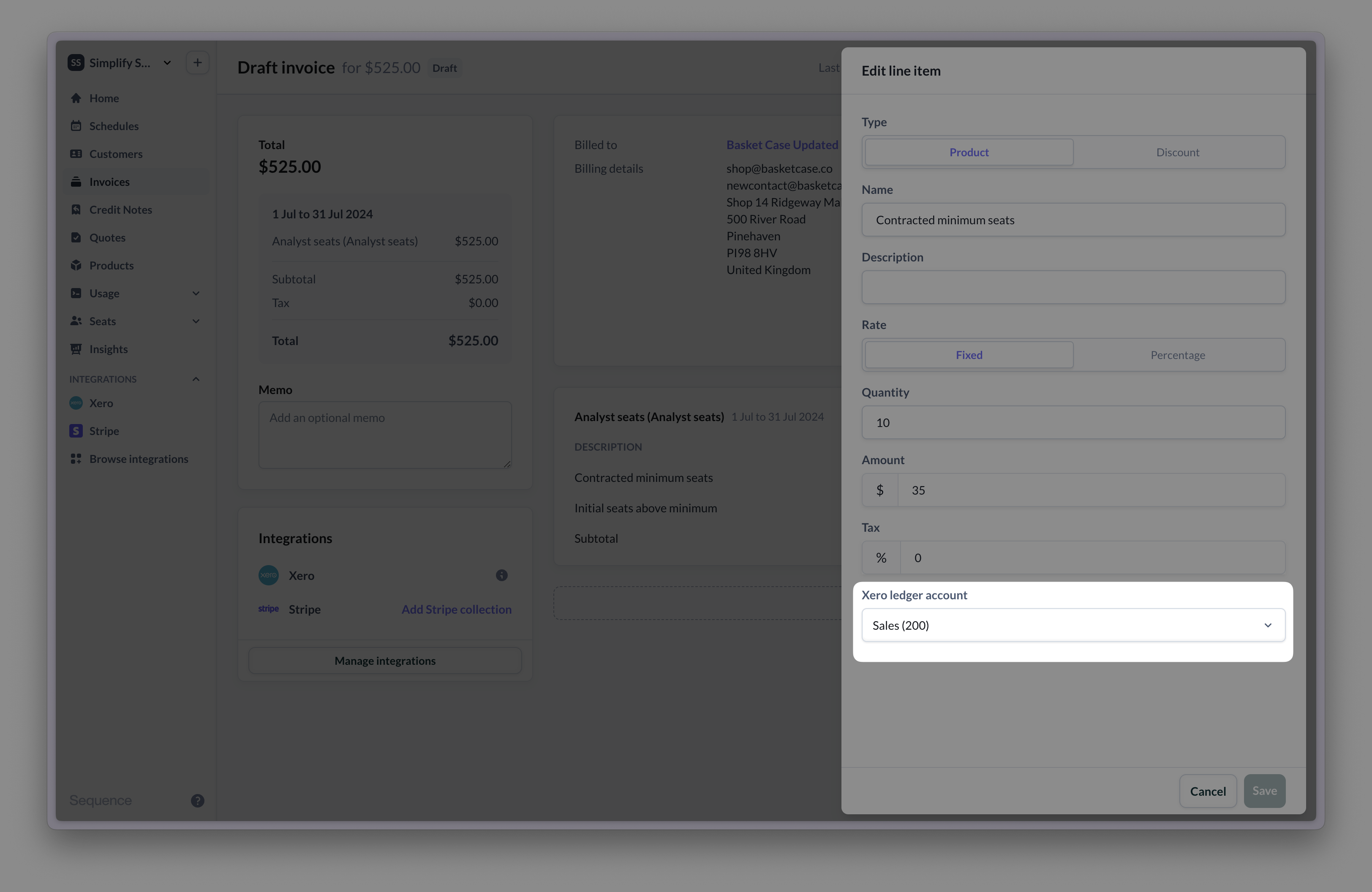 Set the ledger account for a line item