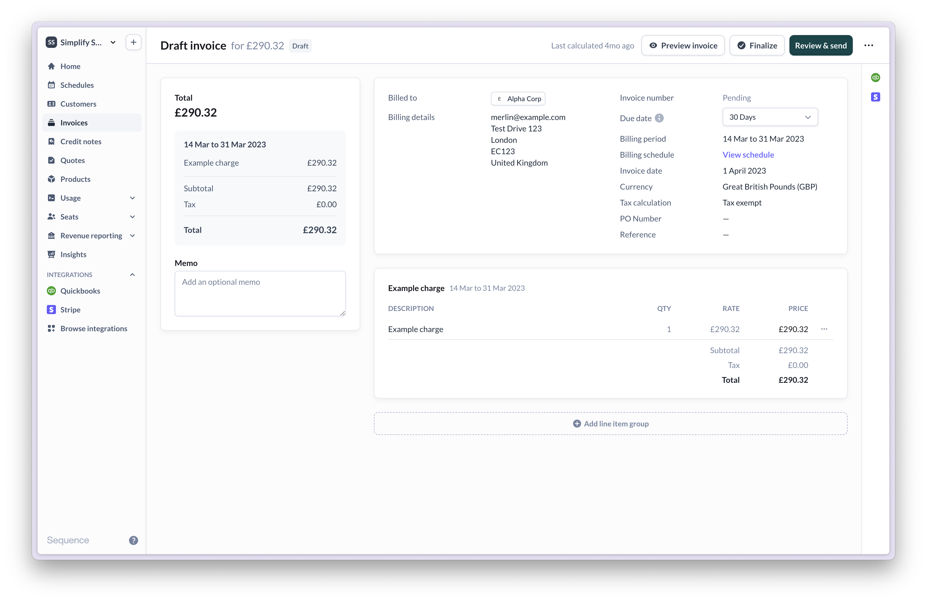 Prorated invoice