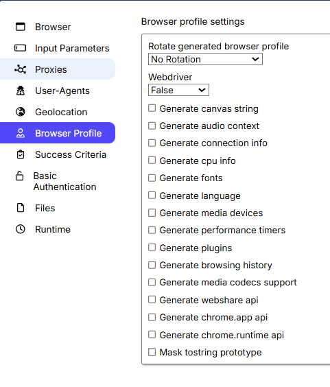 Browser profile rotation settings