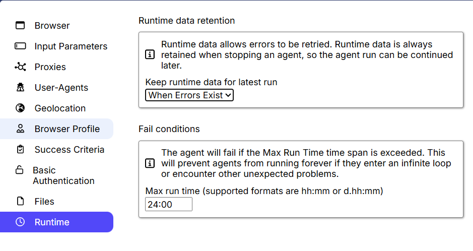 Runtime data retention settings