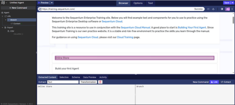 Branch command selection and transformation settings