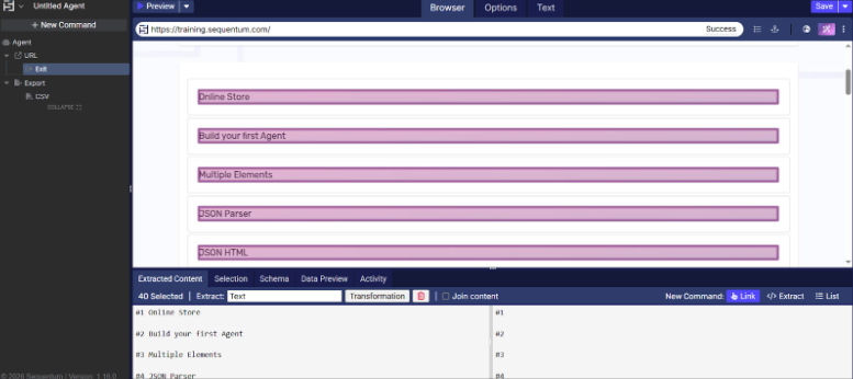 Exit command selection and transformation settings