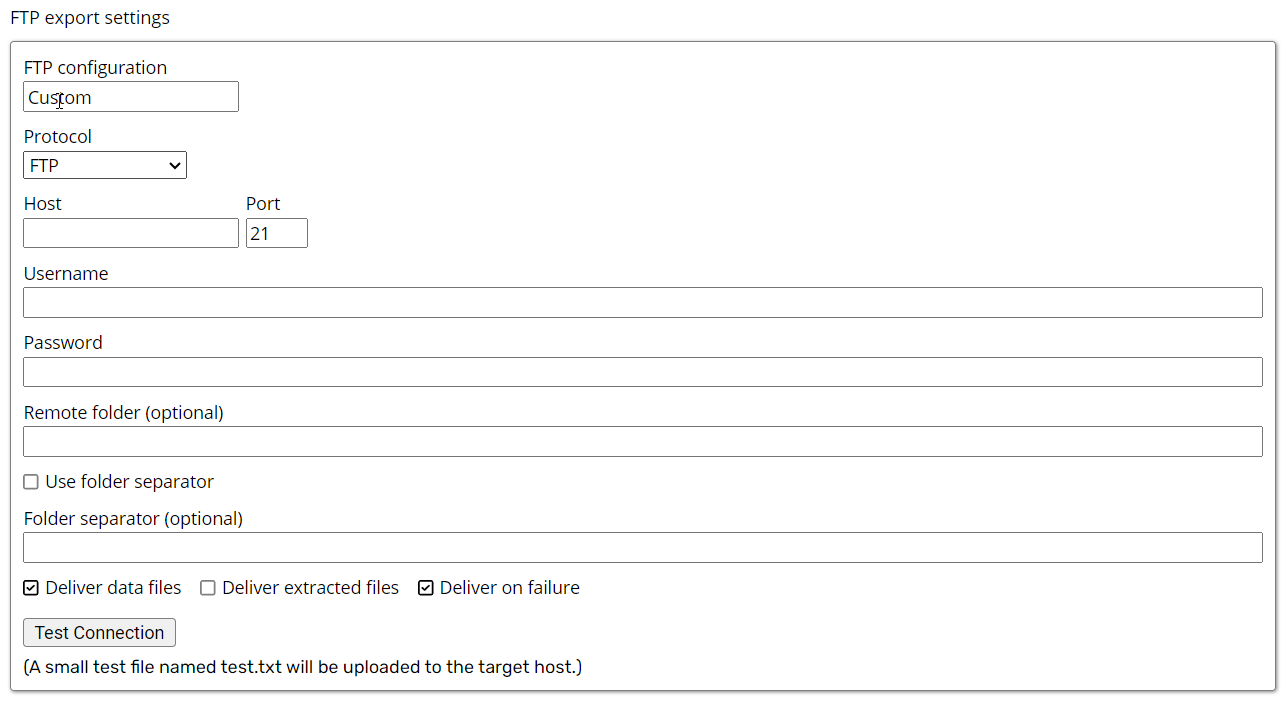 FTP export connection settings