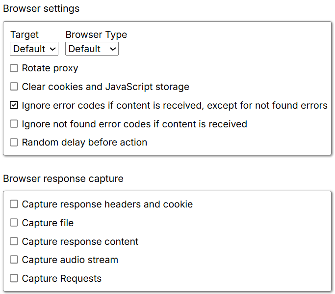 Browser target dropdown options