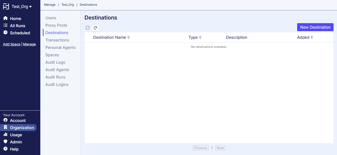 Organization Destinations tab in Sequentum Cloud