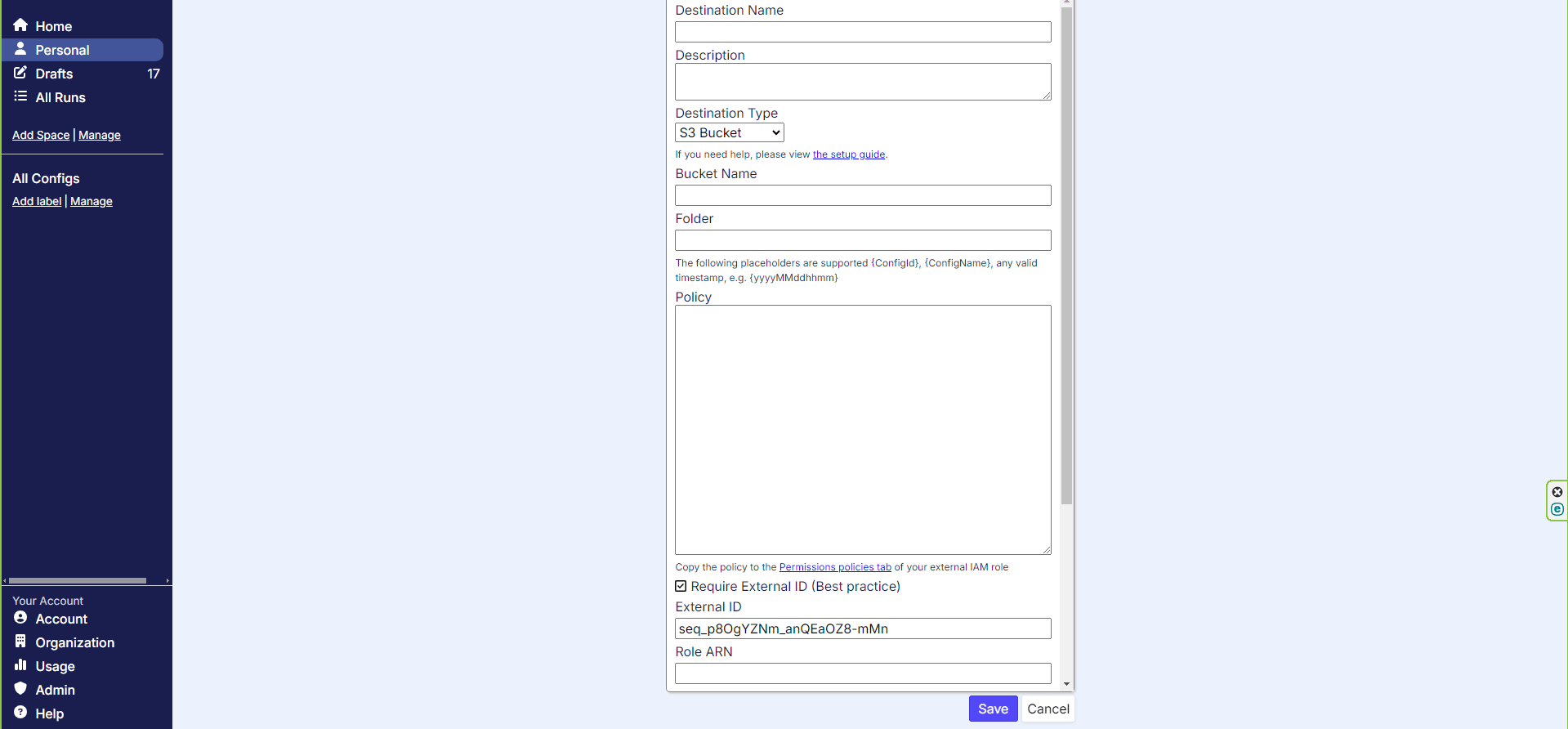 New S3 destination form