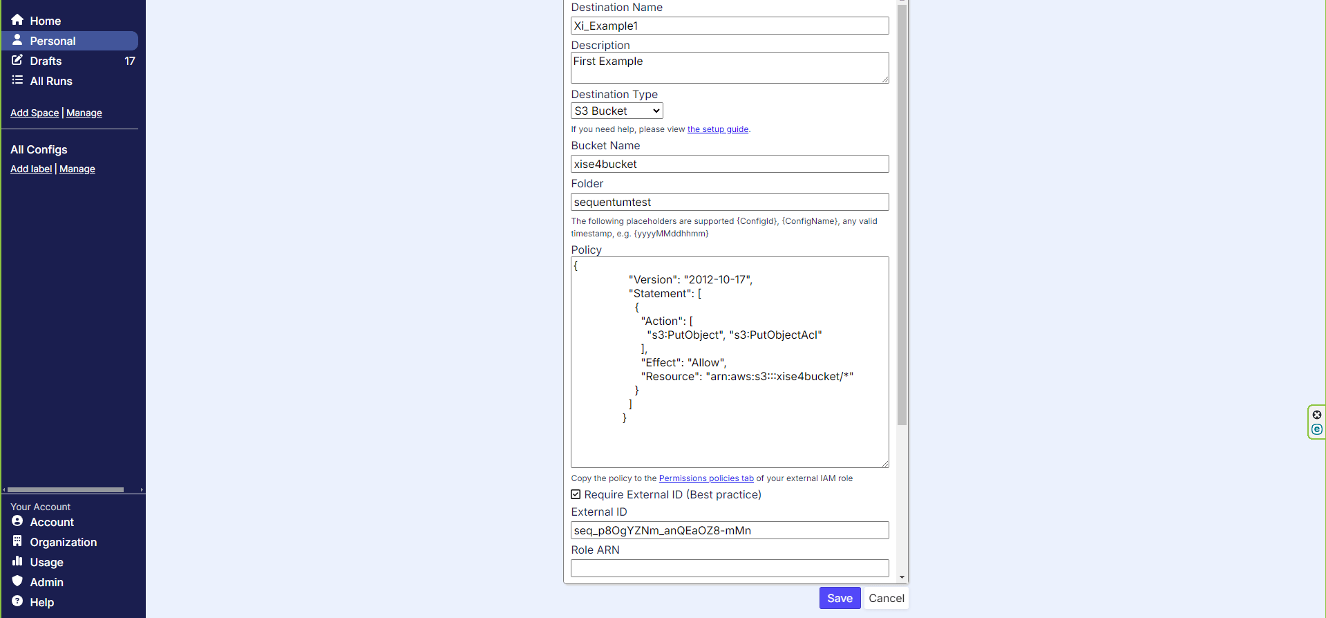 S3 bucket and folder settings with a generated policy