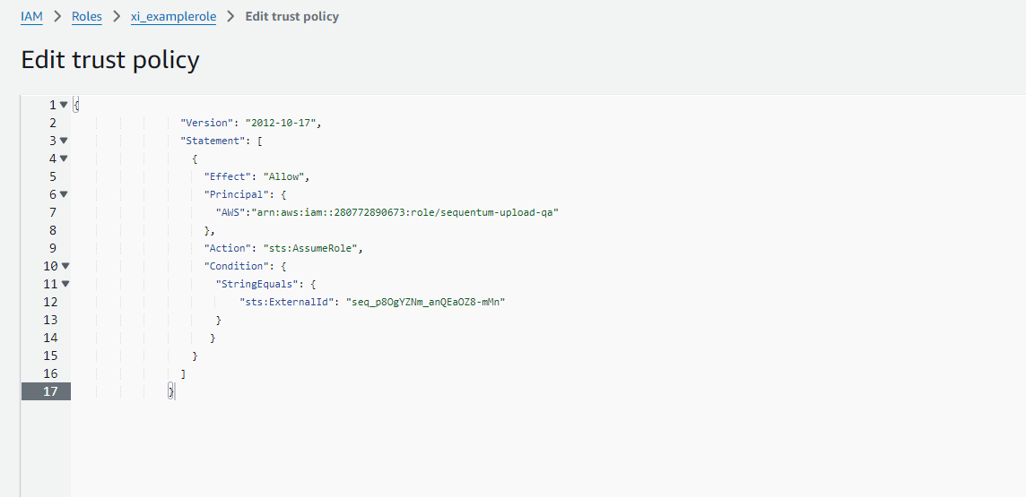 AWS IAM trust policy that allows the Sequentum upload role to assume the external role