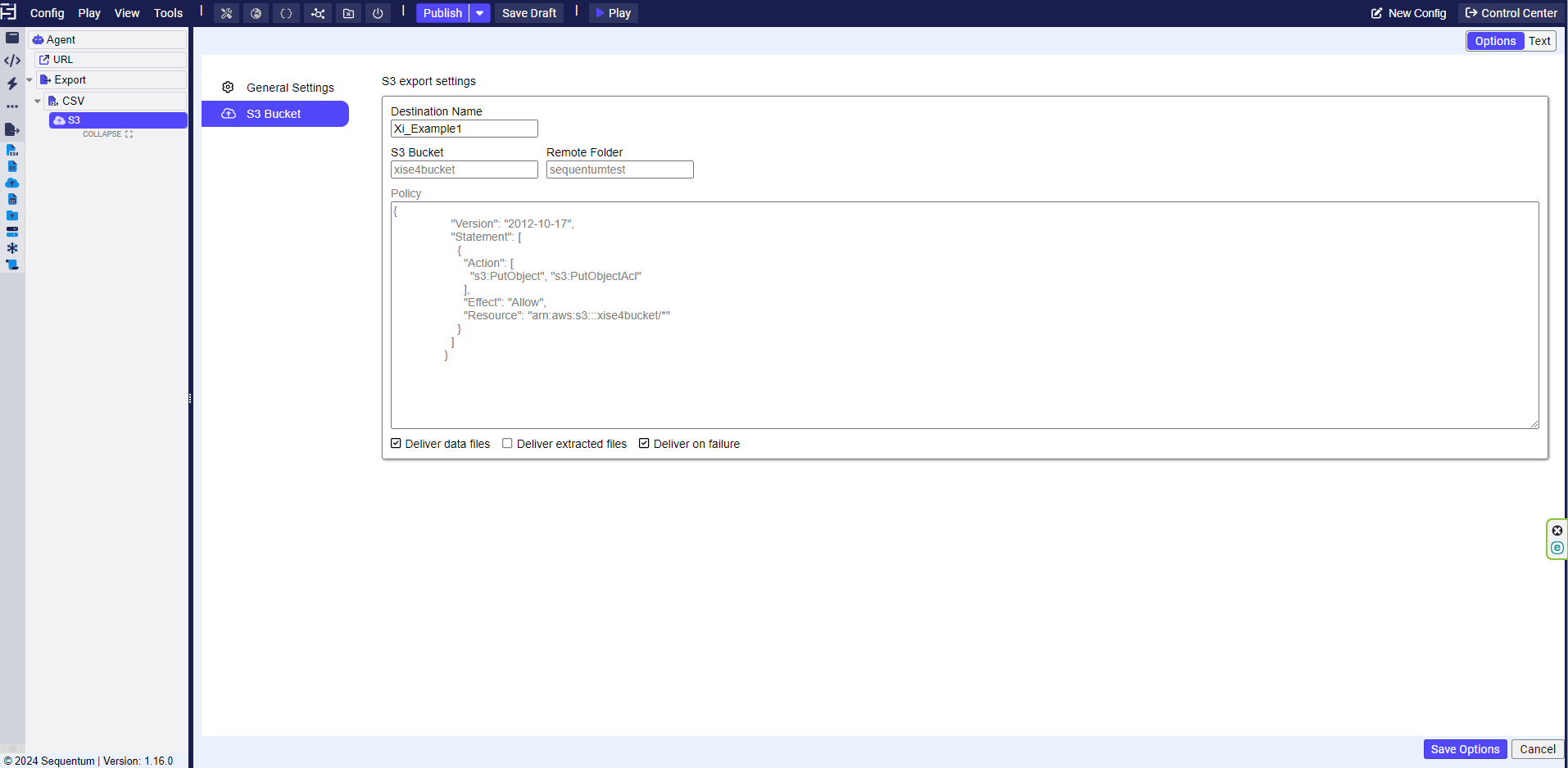 S3 destination selected in an Agent export command