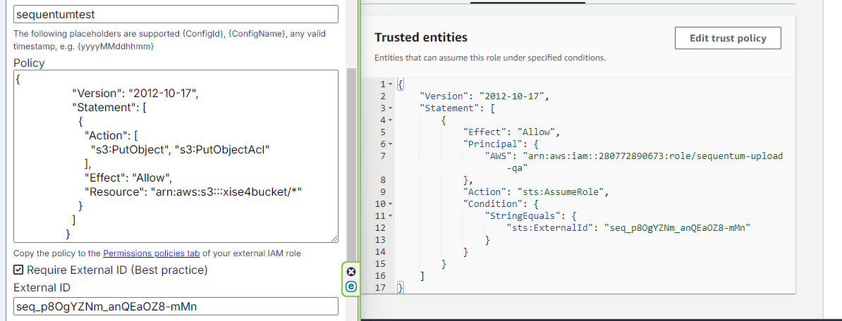Matching external ID values in the AWS trust policy and Sequentum Cloud