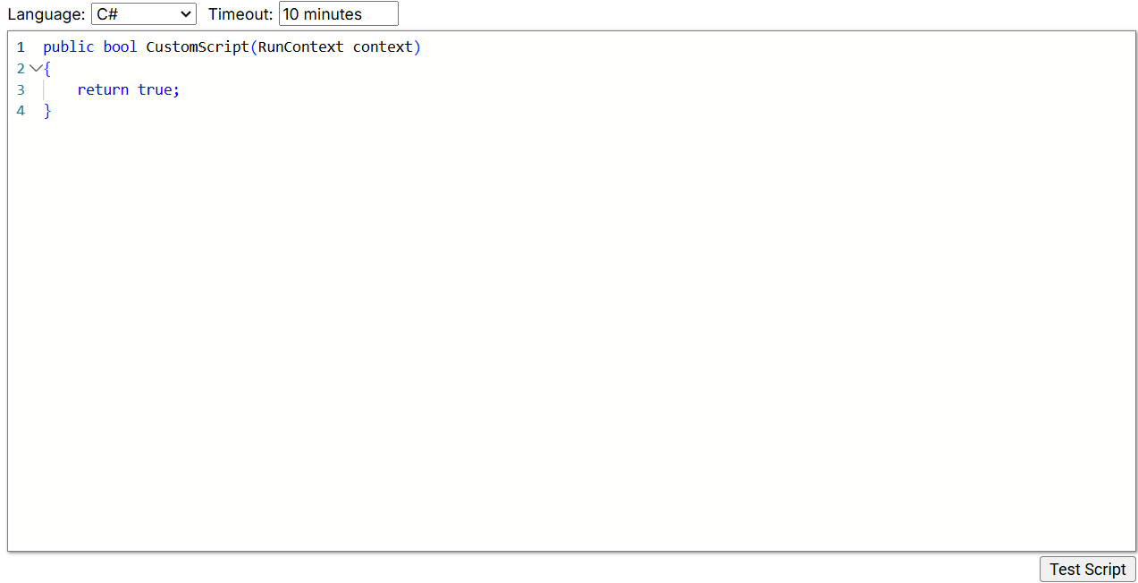 Script language, code, and timeout settings
