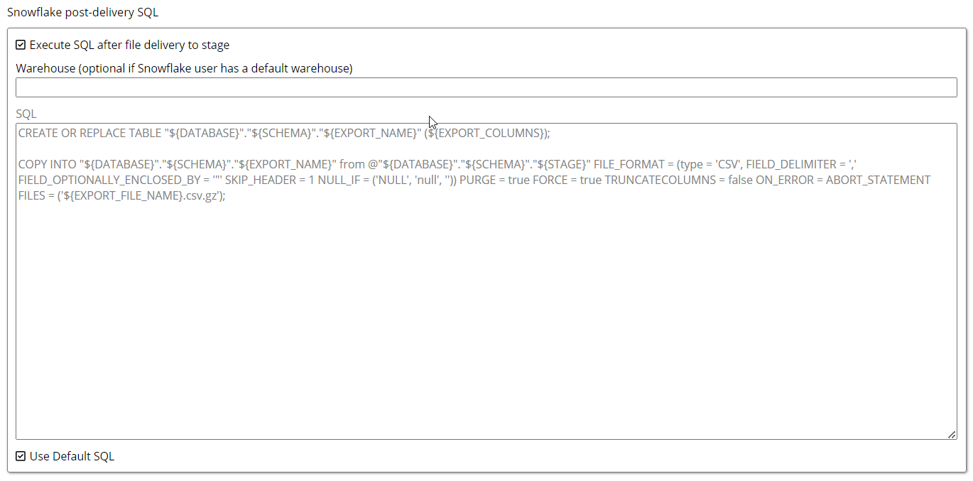 Snowflake post-delivery SQL settings and default query