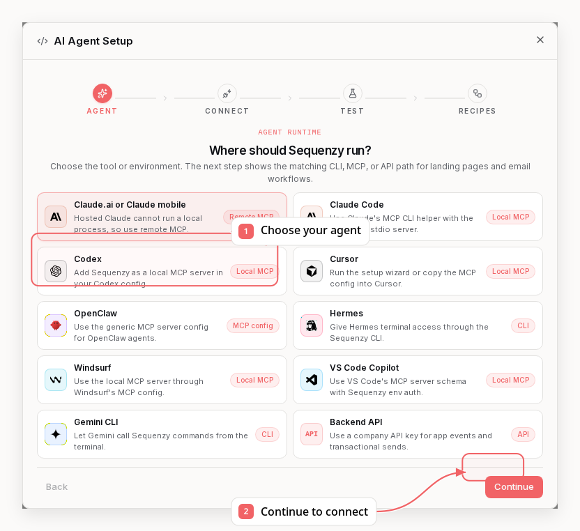 Sequenzy AI Agent Setup with callouts showing agent selection and connection instructions