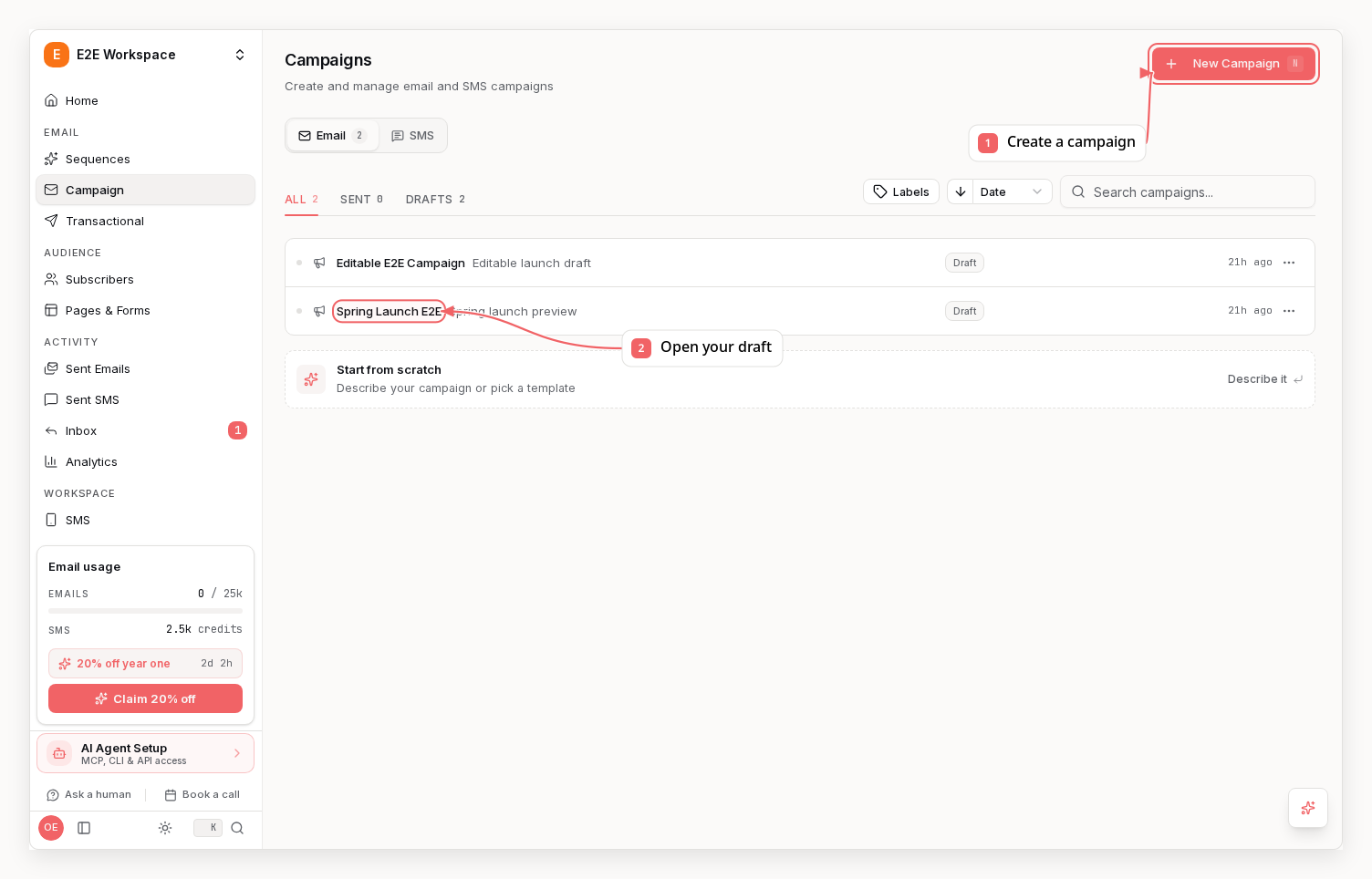 Sequenzy campaigns dashboard with callouts showing how to create and open a campaign