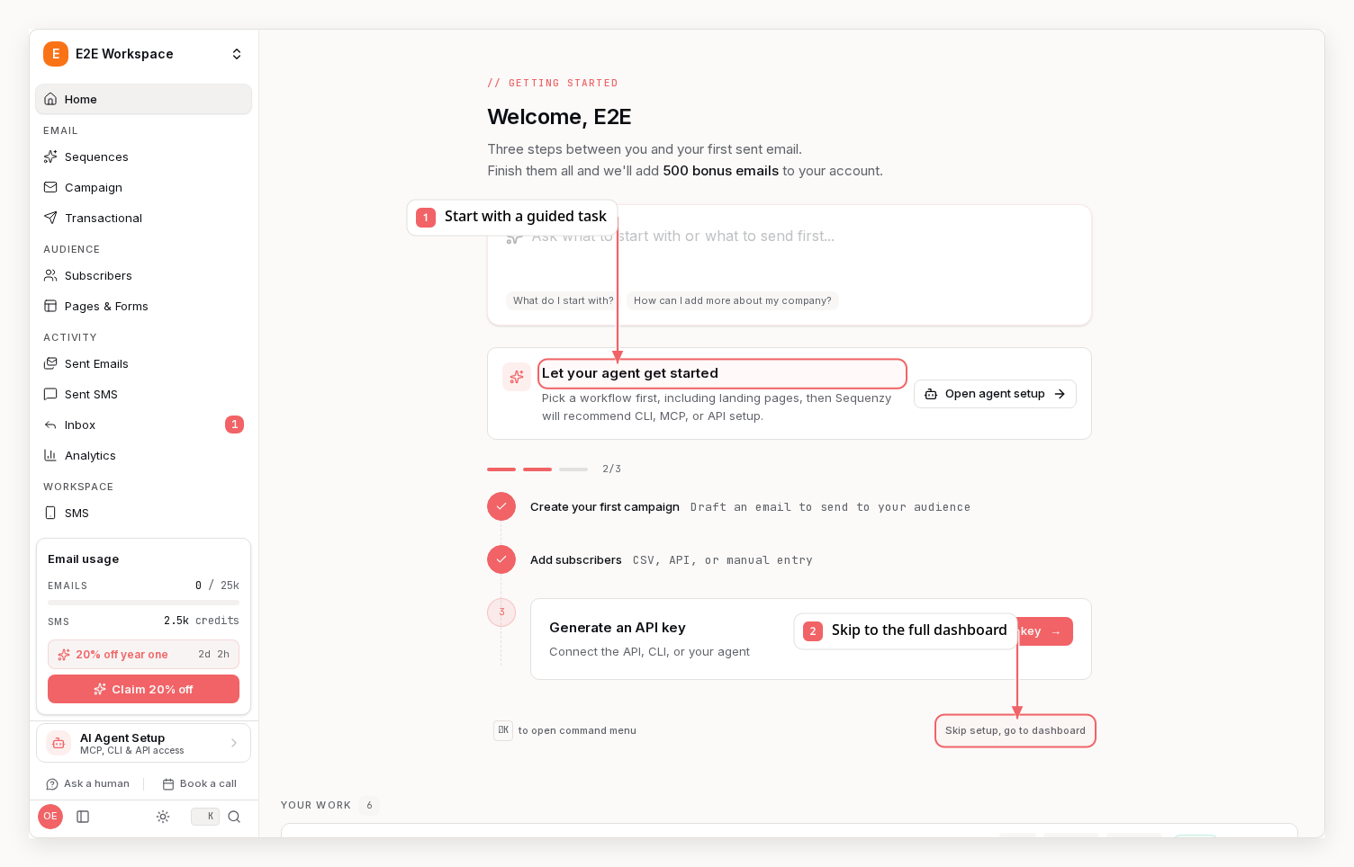 Sequenzy dashboard with callouts showing guided setup and the full-dashboard shortcut