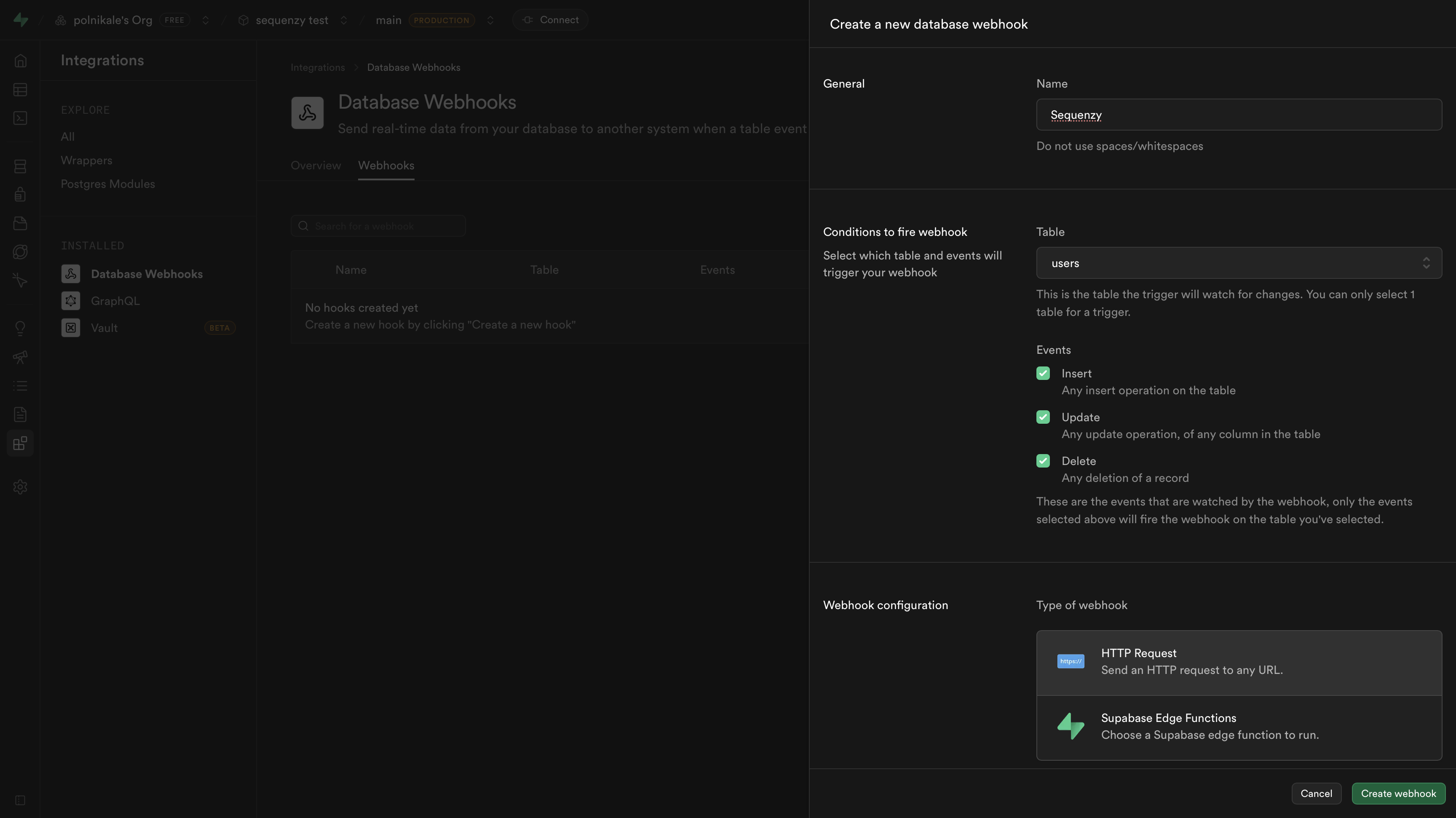 Generate webhook secret in Sequenzy