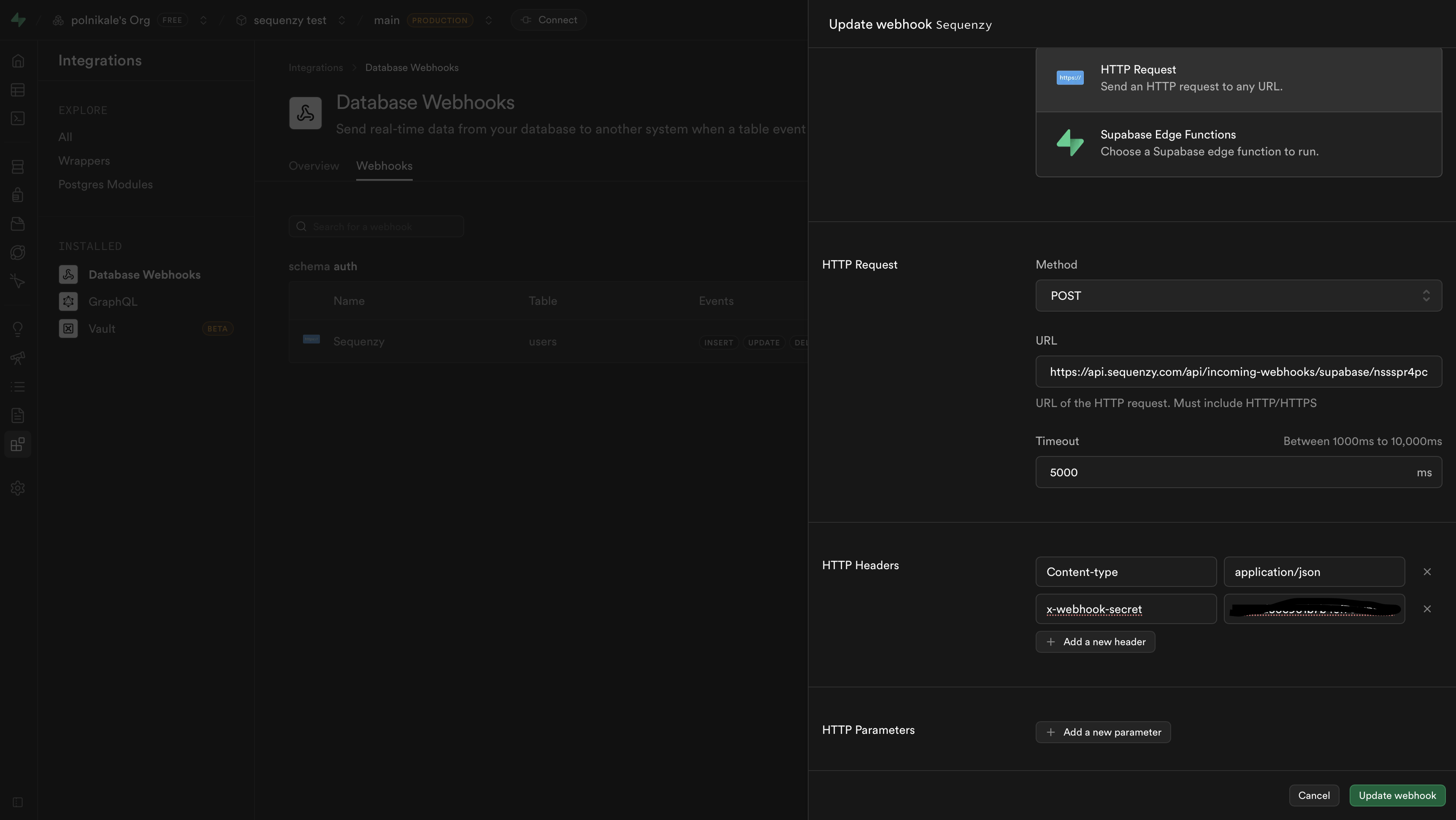 Create webhook in Supabase dashboard