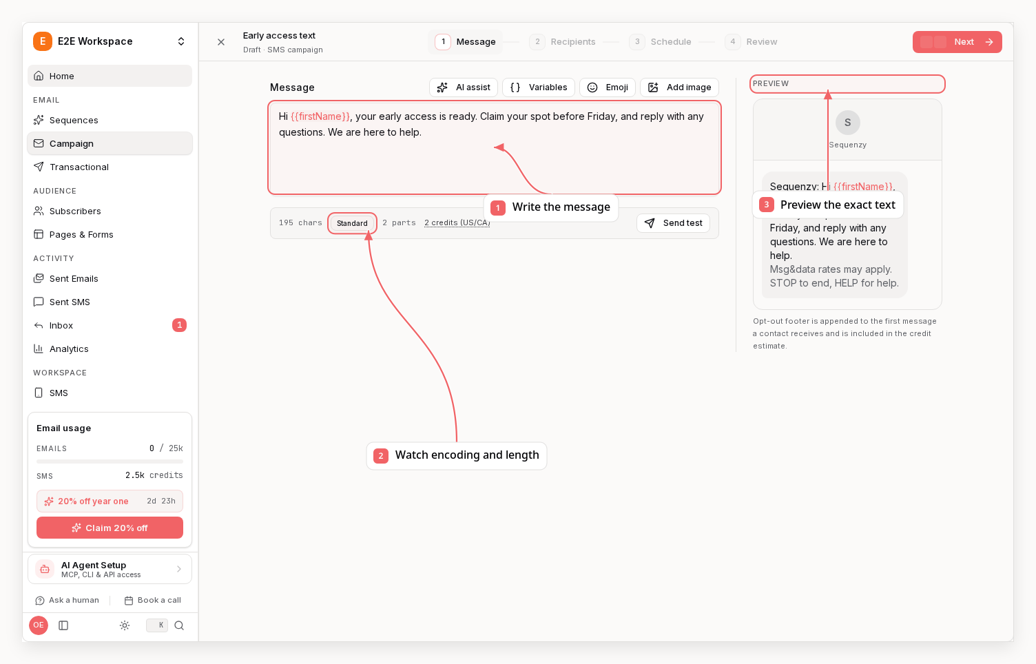 SMS campaign composer showing message content, segment and credit counts, and the phone preview