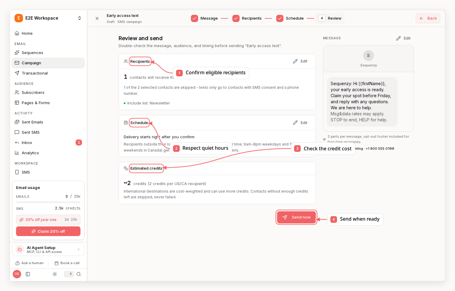 SMS campaign review showing eligible and skipped recipients, delivery timing, estimated credits, and the final phone preview