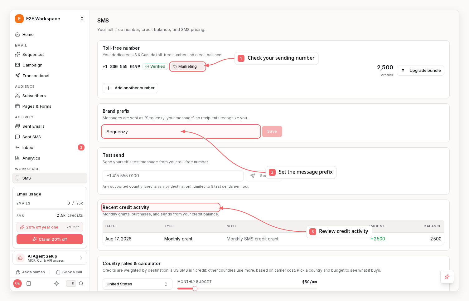 Sequenzy SMS dashboard with a callout showing the SMS setup area