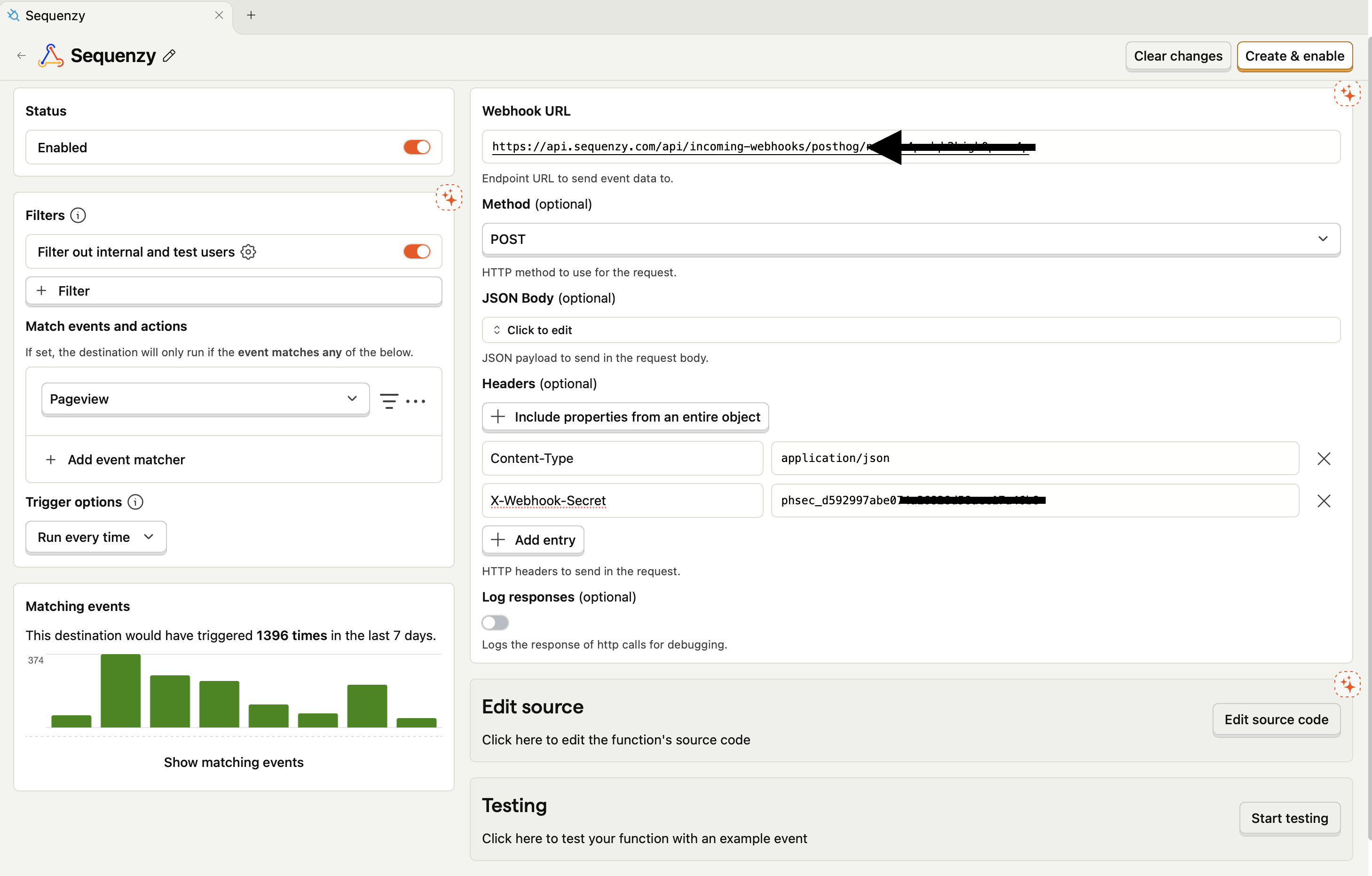 PostHog webhook destination configuration