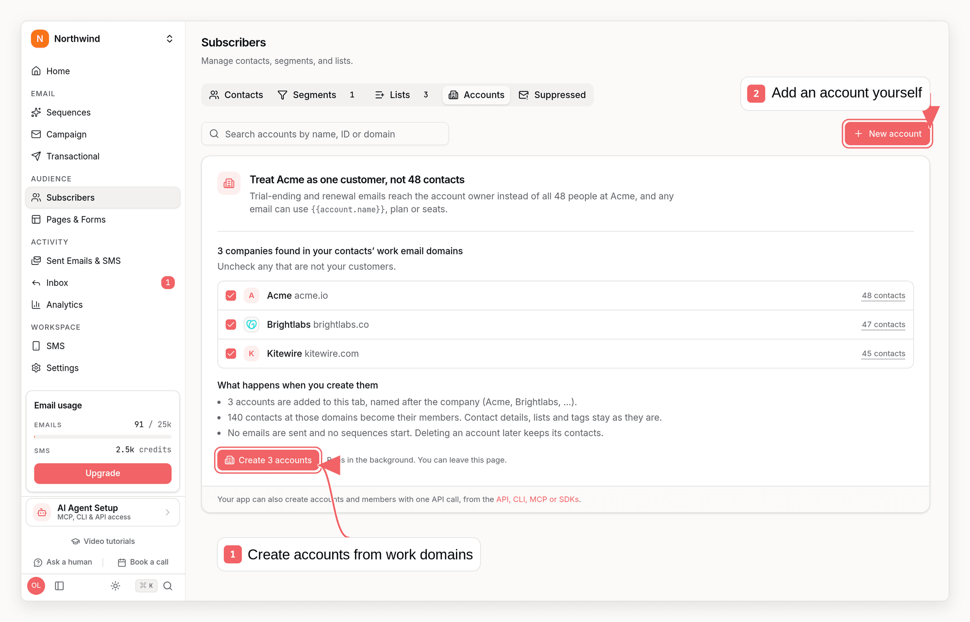 Sequenzy Accounts tab with callouts showing how to create accounts from detected work domains or add one yourself