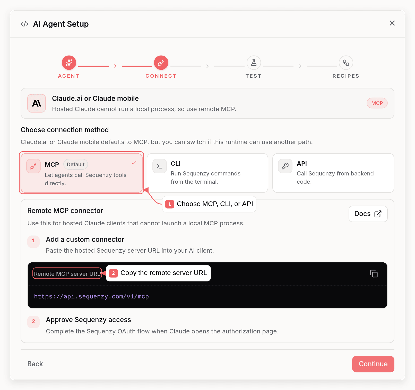 Sequenzy AI agent connection flow with callouts showing connector and authorization steps