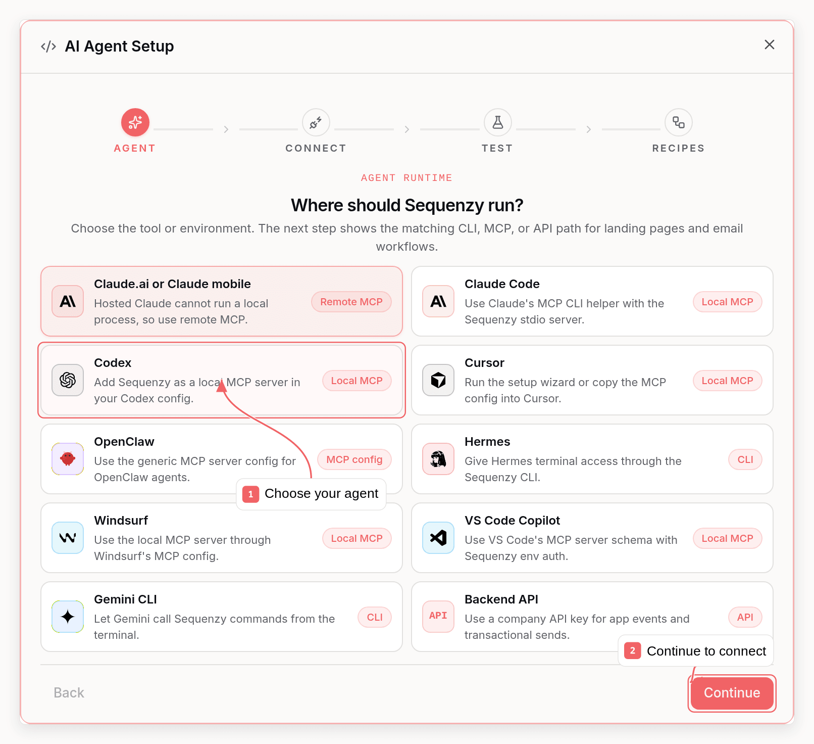 Sequenzy AI Agent Setup with callouts showing agent selection and connection instructions