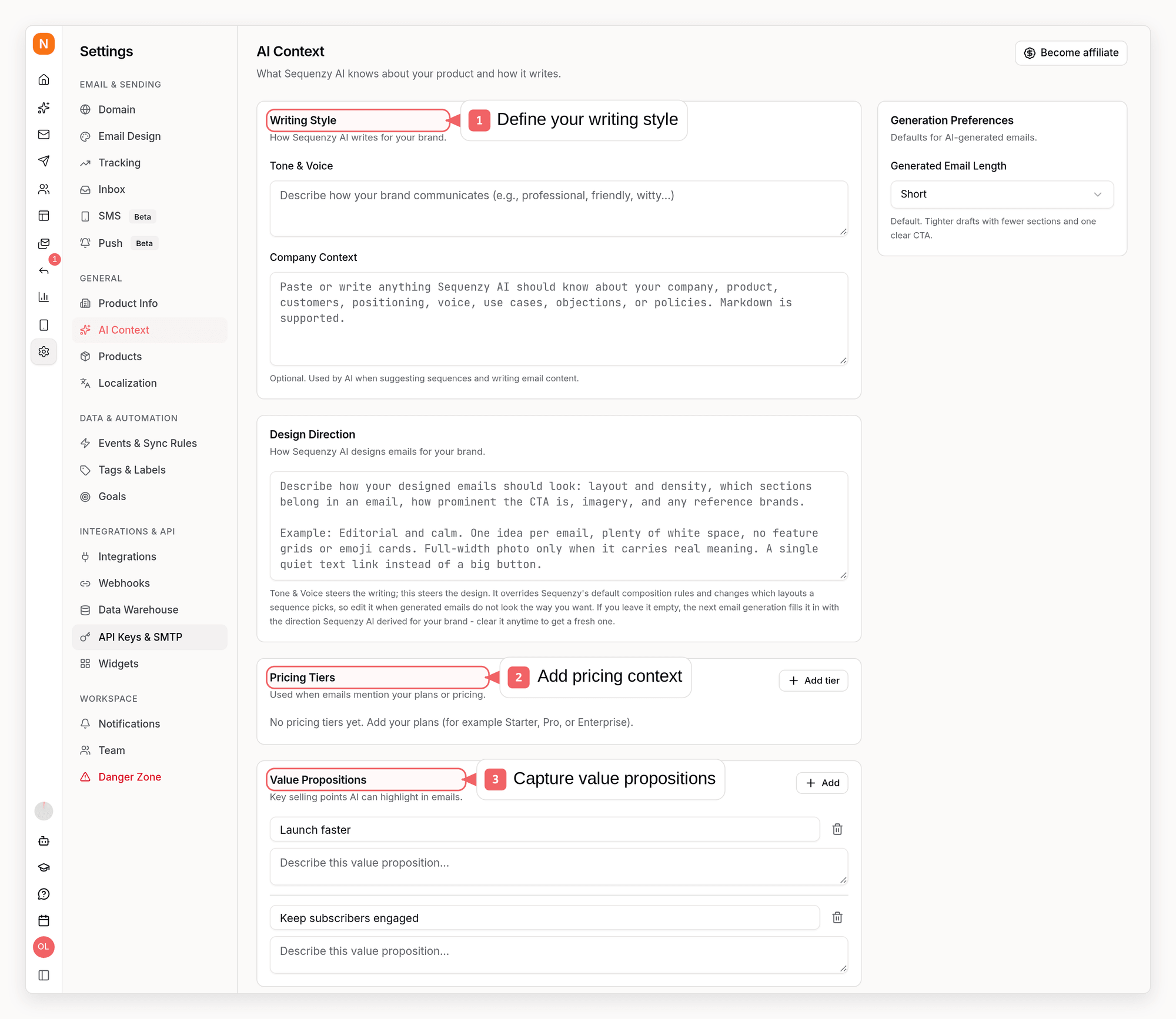 Sequenzy AI context settings with callouts showing brand voice and product context