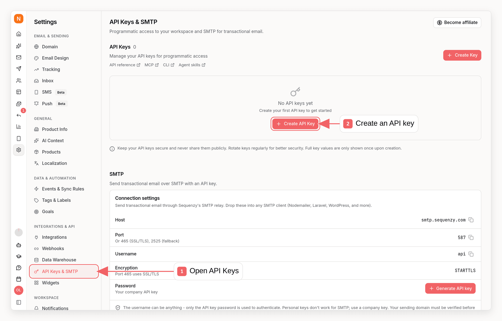 Sequenzy API Keys settings with callouts showing how to create an API key