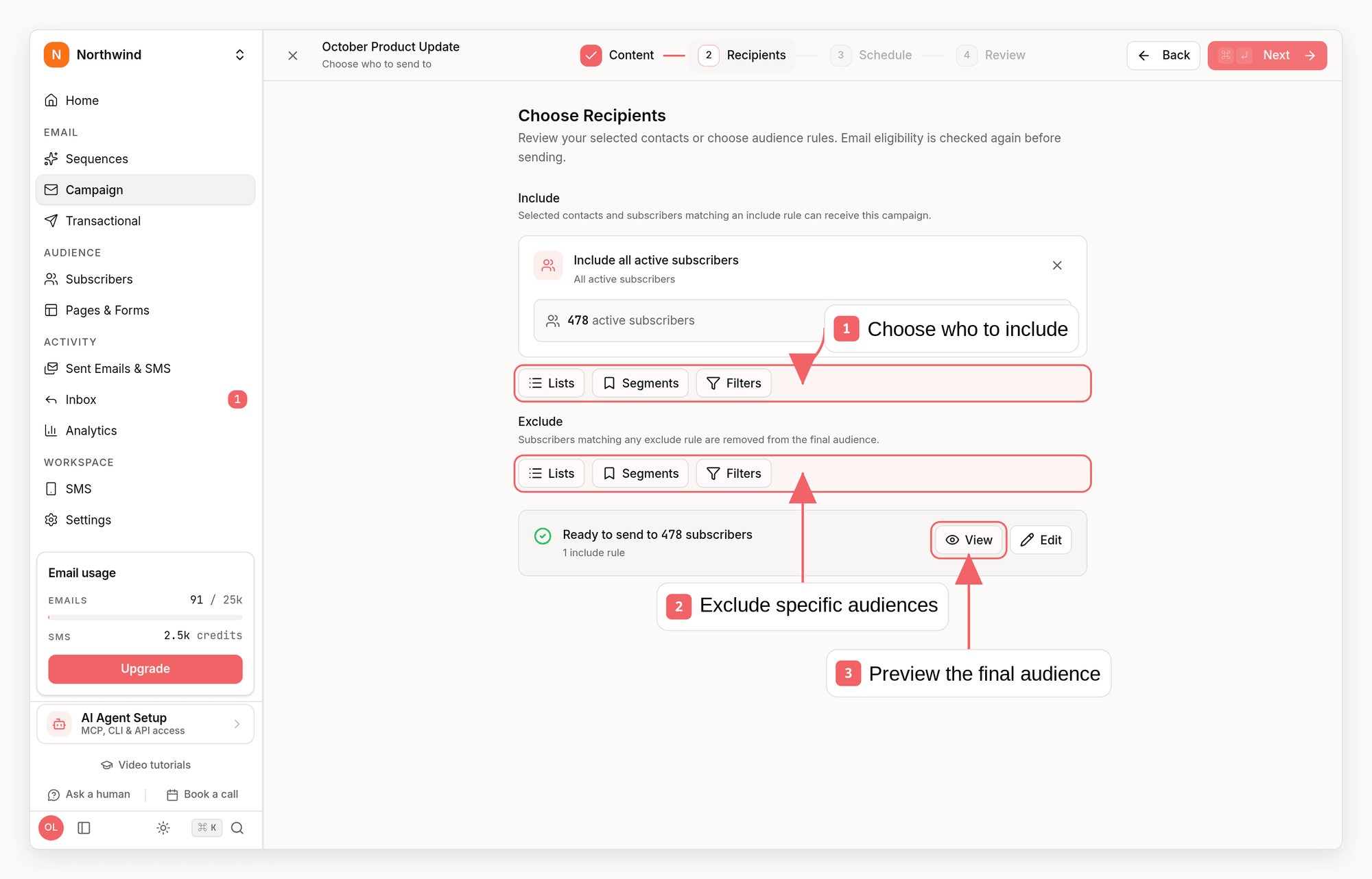 Sequenzy campaign recipient step with callouts showing include rules, exclusions, and audience preview