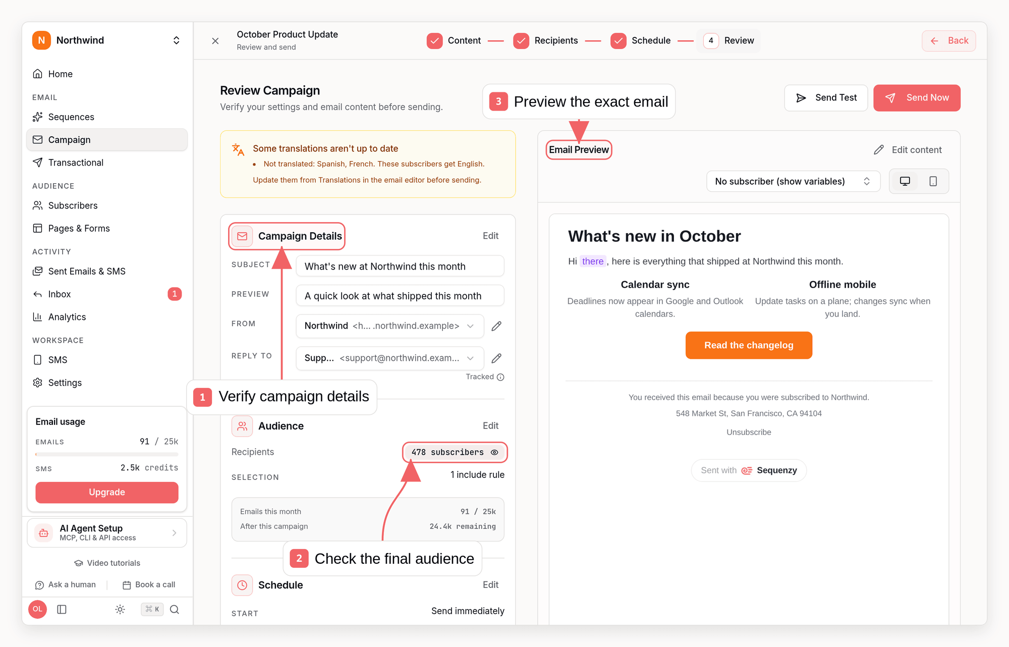 Sequenzy campaign review step with callouts showing campaign details, final audience, and email preview