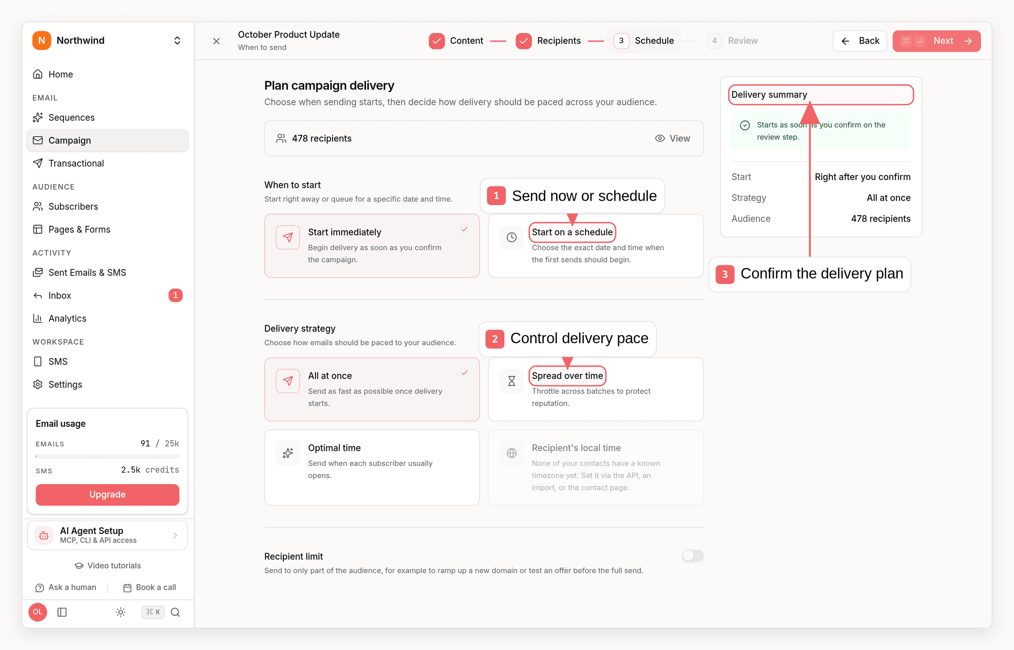 Sequenzy campaign schedule step with callouts showing start time, delivery pace, and delivery summary