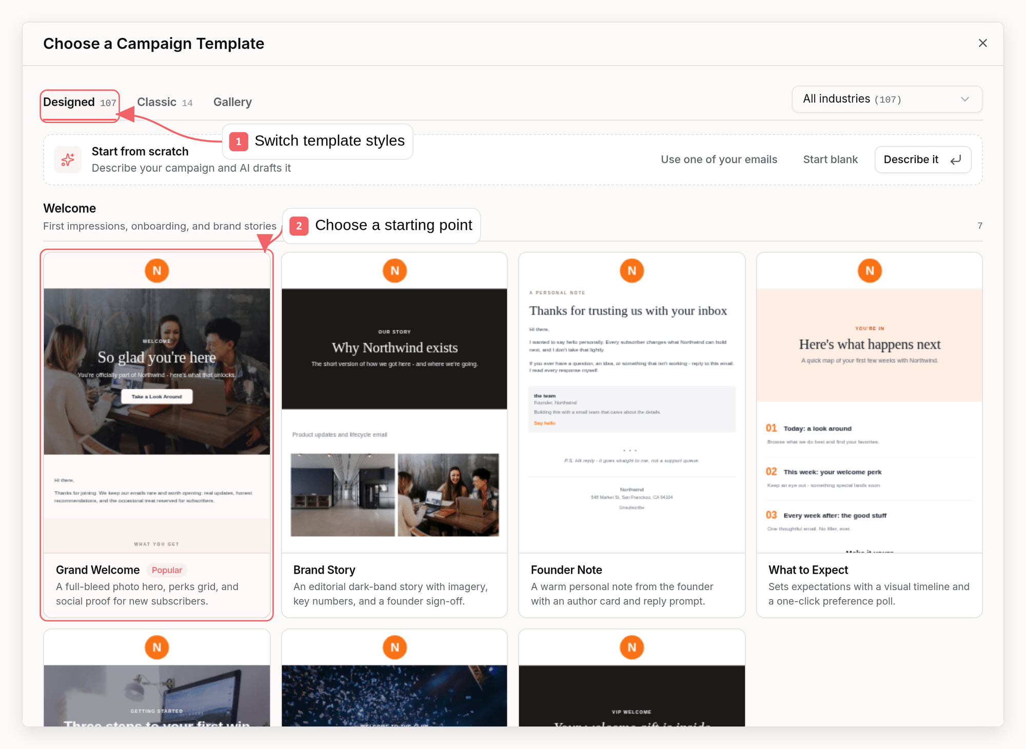 Sequenzy campaign template picker with callouts showing template styles and a starting point