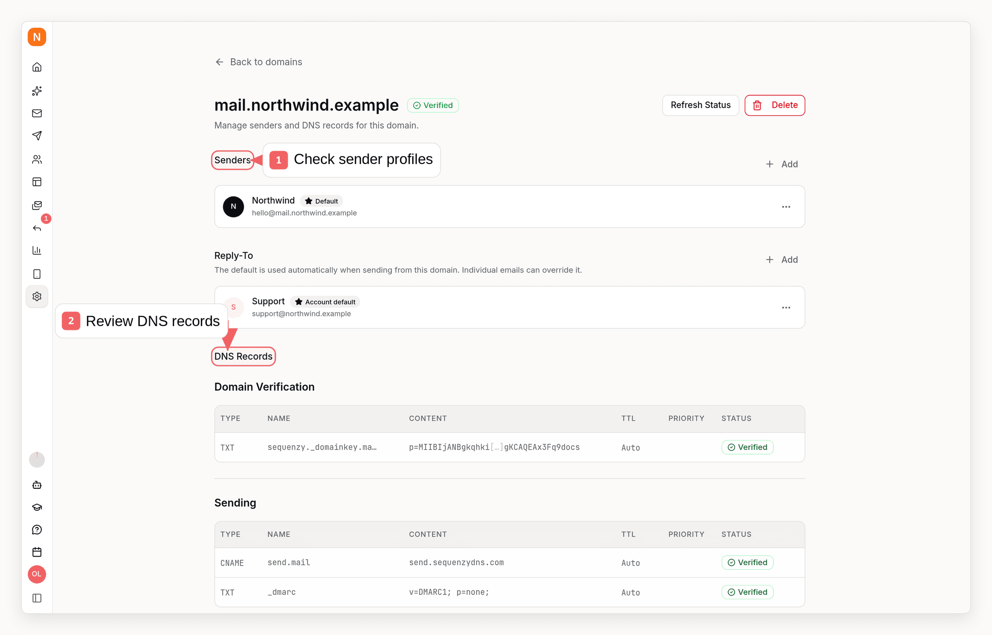Sequenzy domain details with callouts showing sender profiles and DNS records