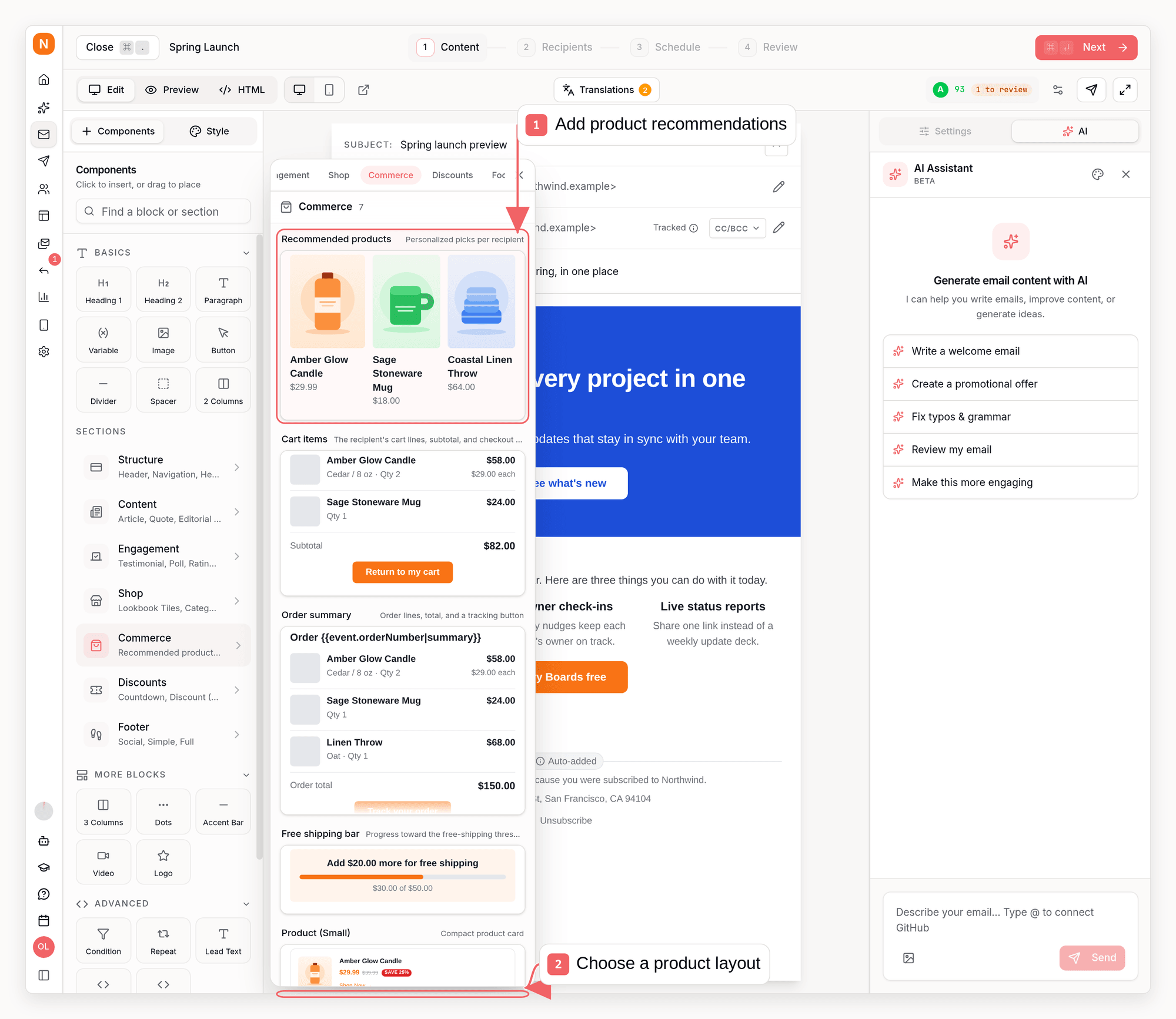 Sequenzy email editor commerce library with callouts showing recommendations and product layouts