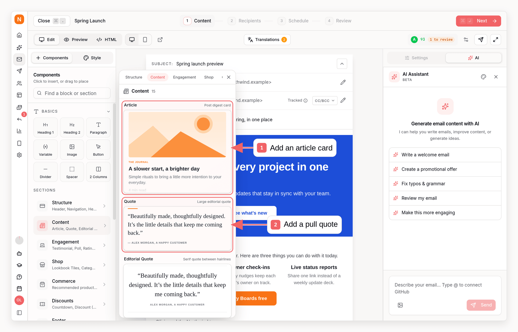 Sequenzy email component library with callouts showing article and quote blocks
