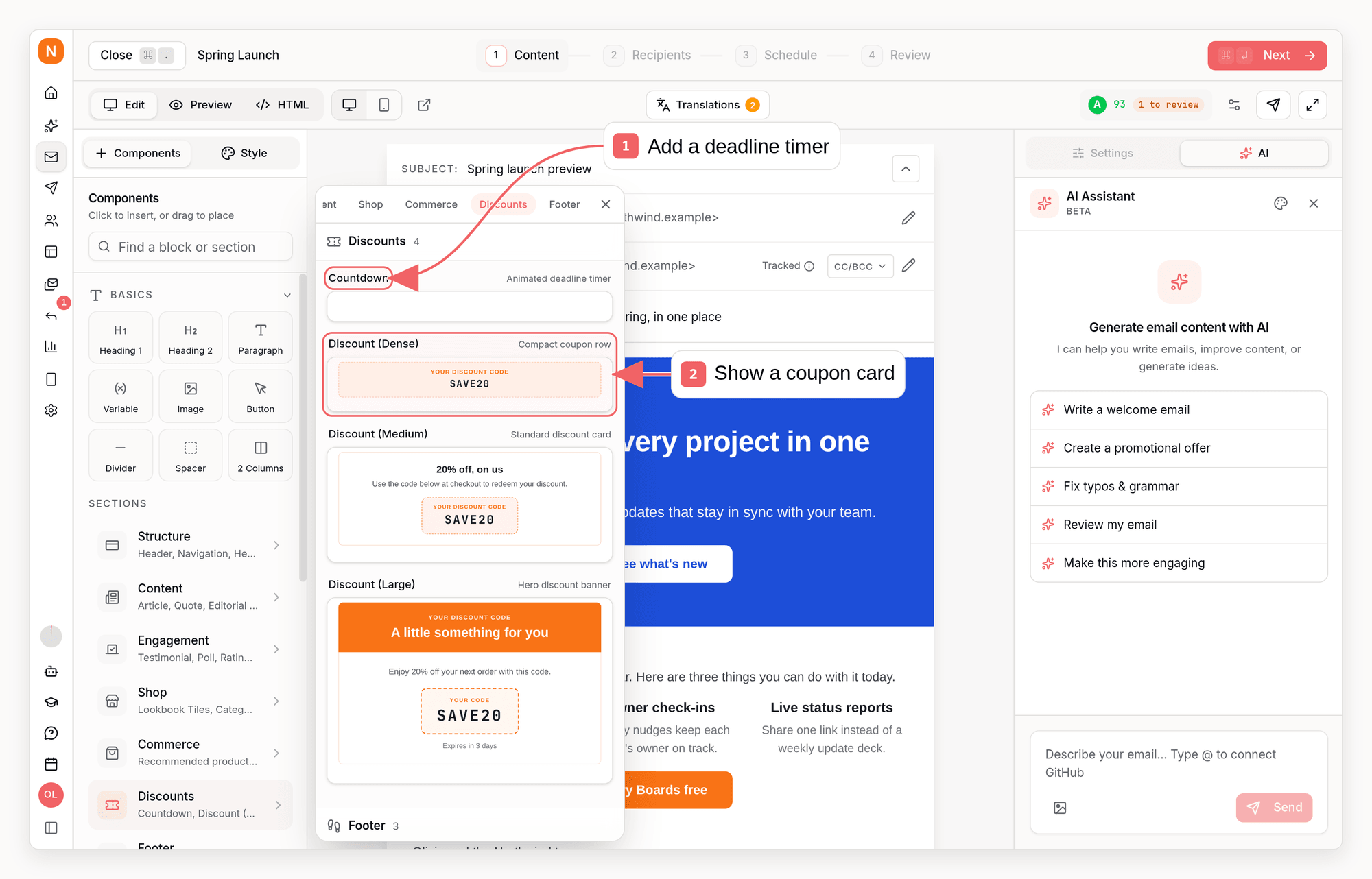 Sequenzy email component library with callouts showing countdown and discount blocks