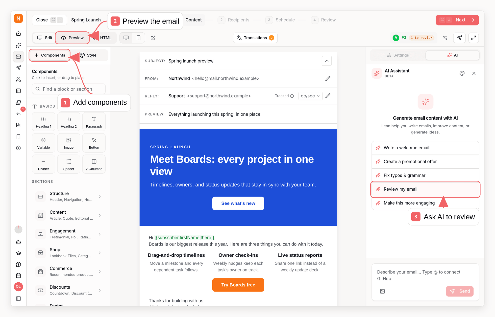 Sequenzy email editor with callouts showing components, preview, and AI review controls