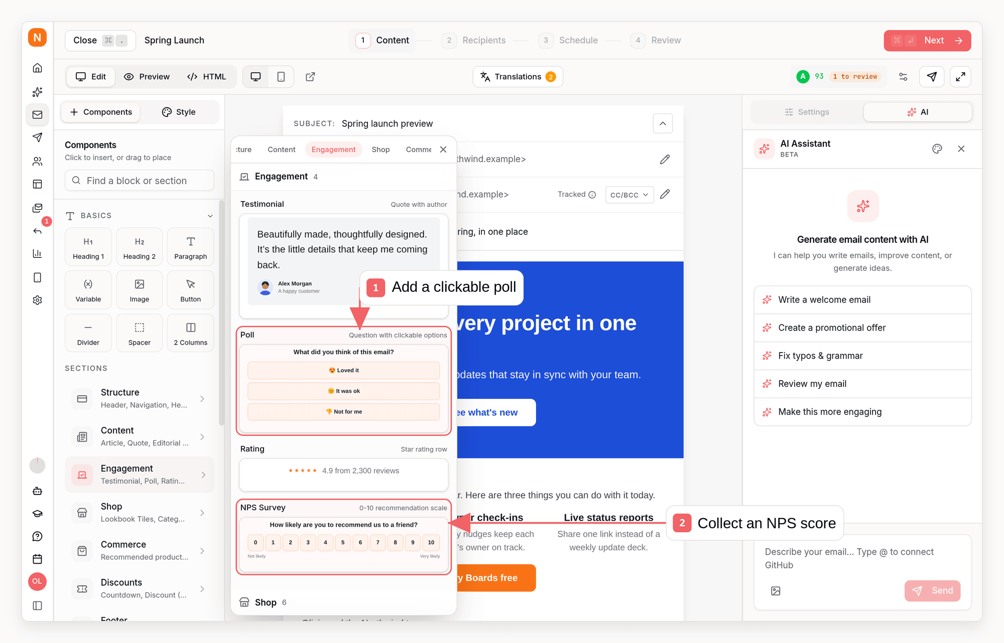 Sequenzy email component library with callouts showing poll and NPS blocks