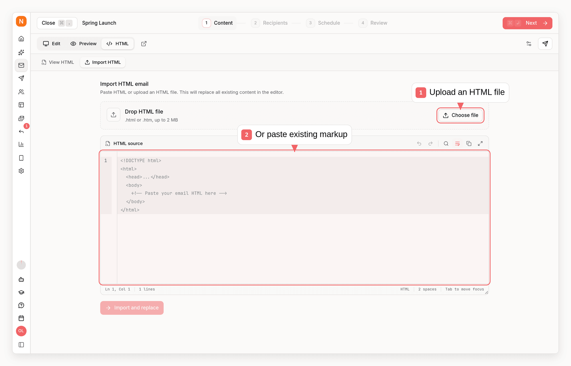 Sequenzy HTML import view with callouts showing file upload and pasted markup