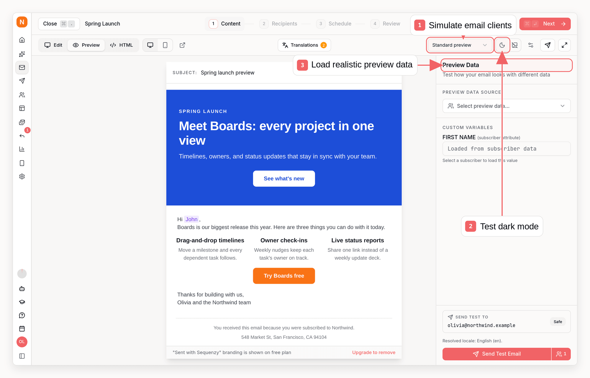 Sequenzy email preview with callouts showing client, dark mode, and preview data controls