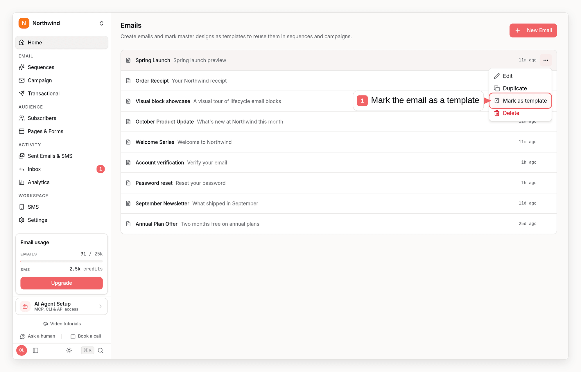 Sequenzy Emails list with a row menu open and a callout on Mark as template
